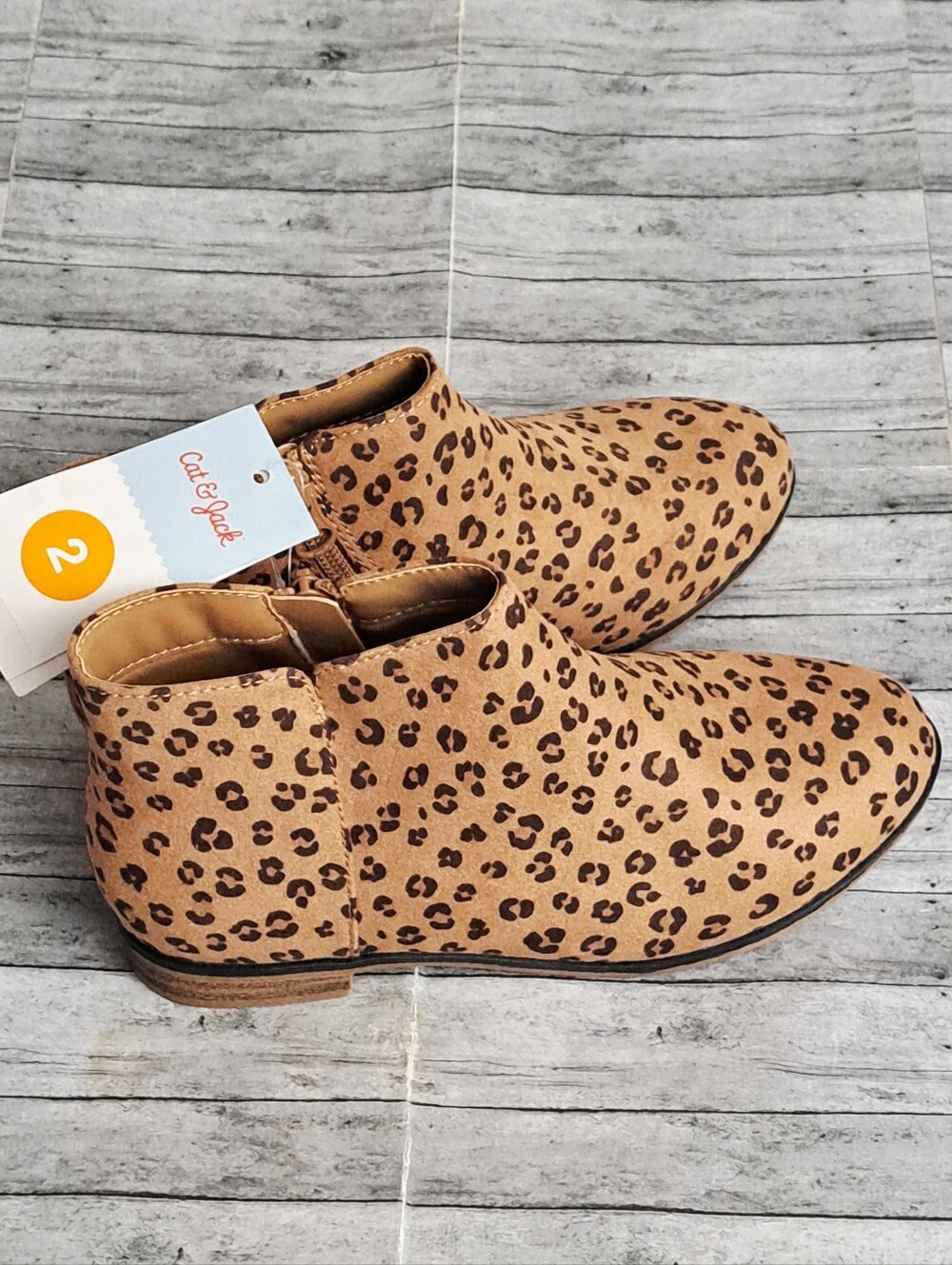 Cat & Jack Girls Leopard Print Ankle Boots Low Heel Flat Bootied Brown Size 2